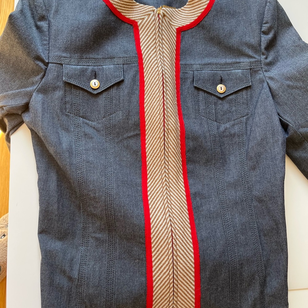 Stylish St. John Women's Denim Jacket with Red Trim